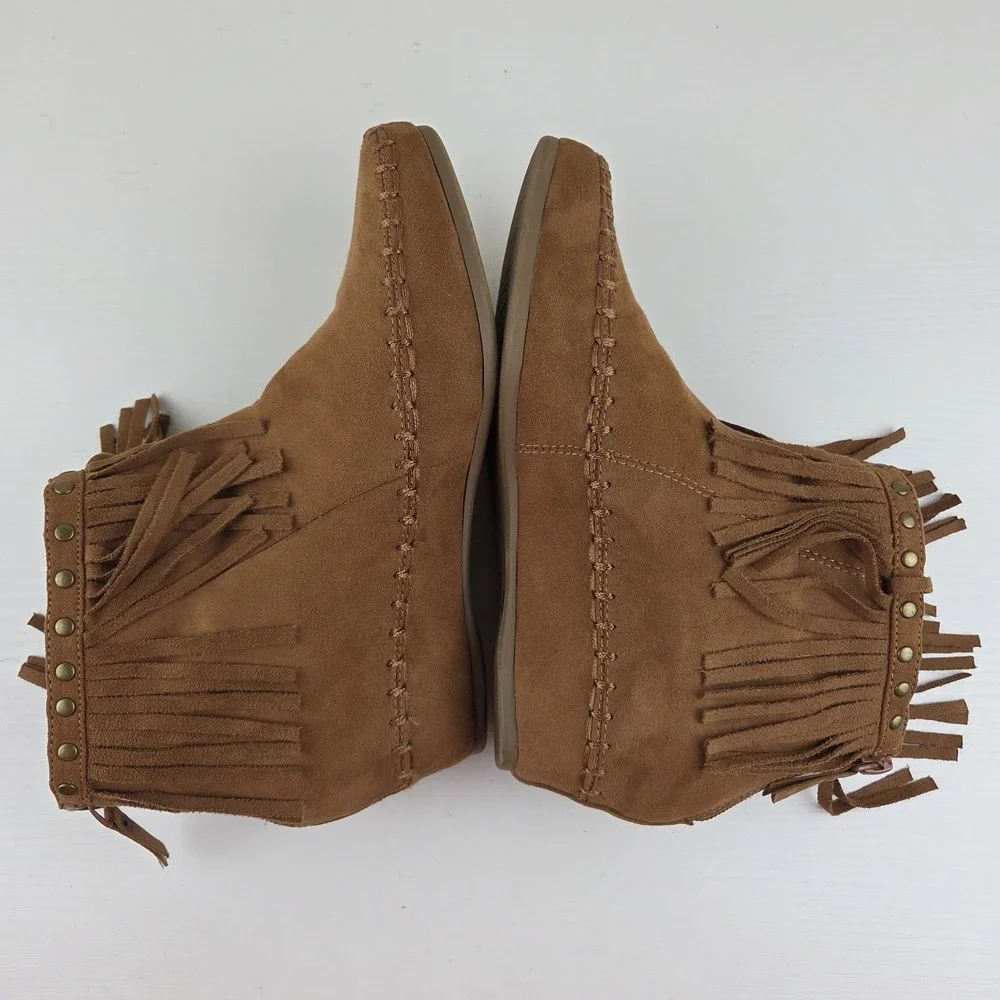 Arizona Tarlo Moccasin Style Faux Suede Fringe Ankle Boot Bootie Brown Womens 7M
